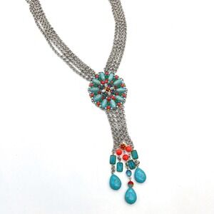 Faith Silver Tone Multi Strand Boho Medallion Turquoise Style Fringe Necklace